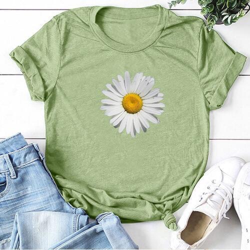 Daisy Printing Flowers T-shirts Women Summer Casual T Shirt for Women Cotton Crew Neck Tee Shirt Simple Female Camisas Mujer