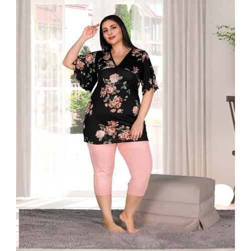 Large Size Printed Short Sleeve Capri Suit Cat Stylish Handy Comfortable Cottage Seasonal Flamboyant Style Made In Turkey