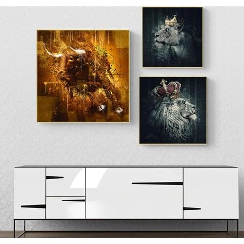 Fashion Graffiti Wall Art Golden Cattle Animal Lion Posters for Living Room Corridor Decor Canvas Painting Nordic Home Pictures
