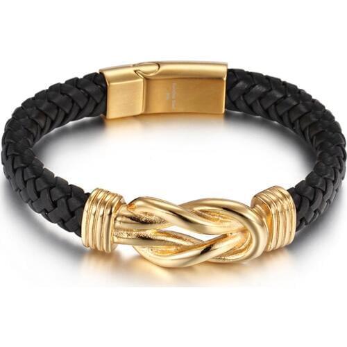 Granny Chic Genuine Black Leather Bracelet Men Homme Gold Magnet Buckle Male Bracelets Jewelry Gifts 22cm