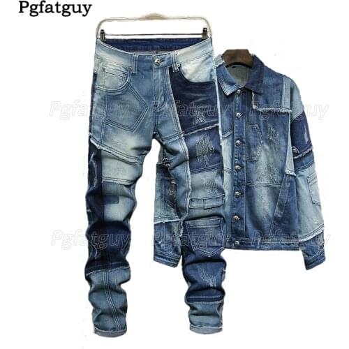 Personality Mixed Colors Spliced Autumn Winter Mens Loose Denim 2pcs Sets Long Sleeve Single Breasted Jackets Full Length Pants