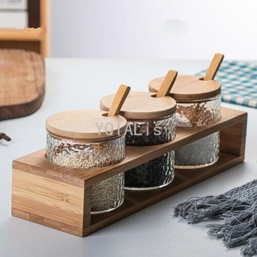 280Ml Japan-Style Hammered Glass Storage Jar Set Straight Bamboo Shelf Seasoning Box Kitchen Salt Sugar Seasoning Bottle Tool