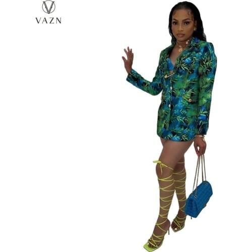 VAZN 2021 Autumn Latest Style Green Print Retro Young Office Lady Suit Full Sleeve High Waist Women Slim Long Outwears