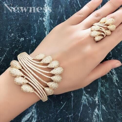 Newness Luxury Peacock Tail Cubic Zirconia Bracelet Bangle and Ring 3Tone Jewelry Set For Women Wedding Engagement Gift