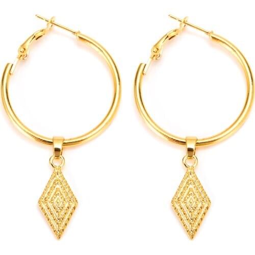 Big Hoops THAI EARRINGS RHOMBUS 22K 23K 24K BAHT Pure YELLOW GOLD GP Thai dress