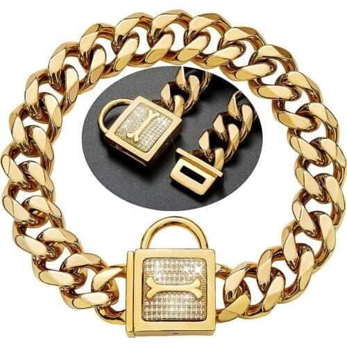 19mm Wide 12"-32" 316L Stainless Steel High Strong Training Collar Luxury Diamond Lock Gold Dog Chain