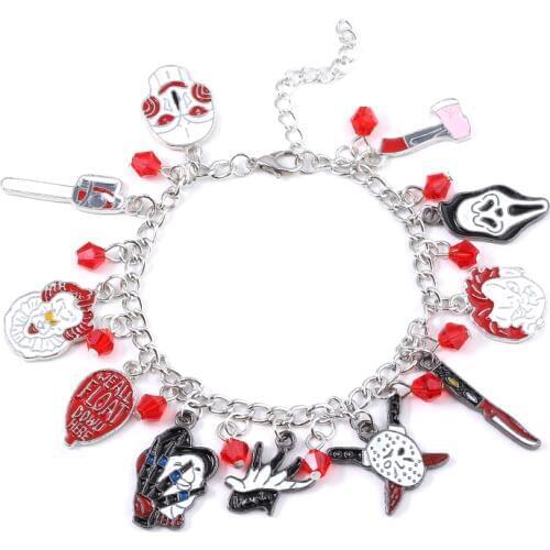 RJ Halloween Chucky Face Stephen Kings IT Pennywise Charms Bracelet Horror Movie Bangles Friday the 13th Men Jewelry Gift