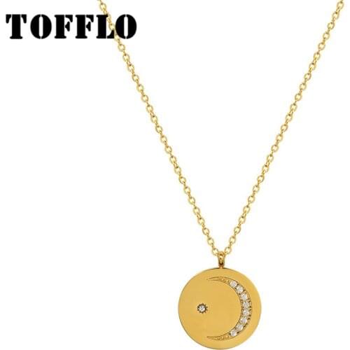 TOFFLO Stainless Steel Jewelry Round Brand Zircon Crescent Moon Necklace Womens Simple Clavicle Chain BSP1072
