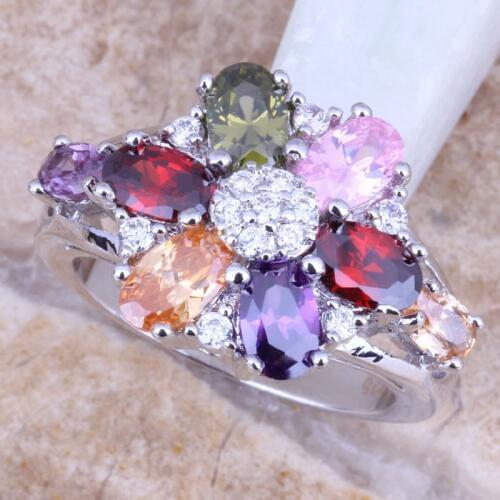 Amazing Multicolor Green Peridot Silver Plated Womens Ring Size 6 / 7 / 8 / 9 R1086