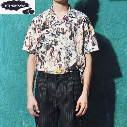 Japanese Vintage Printed Men Short Sleeve Animal Graphic Tops Mens Cotton Linen Shirts Casual Loose Fit Lapel Button Shirt