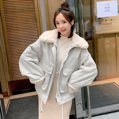Womens Autumn Winter Fleece Jackets Korean Style Turn Down Collar Solid Ladies Coats Zipper Big Pockets Outerwear Female