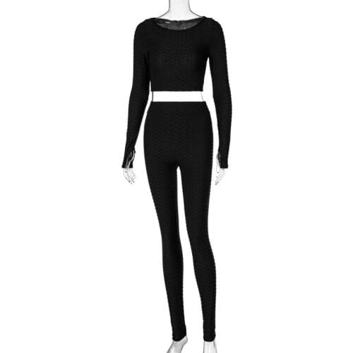 Women Two-piece Sports Clothes Set Solid Color Round Collar Pullover and Leggings, Black/ Brown