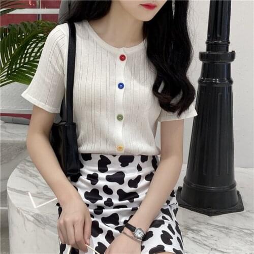 Summer Women O-Neck Knitted Casual Short Sleeve Cardigans Lady Knitting Single-breasted Colored Buttons Sweater shirts Crop Tops