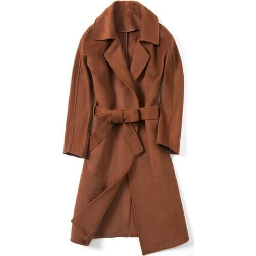 2020 Women Winter Coat Wool Casual Lapel Waist Long Double Faced Fleece Coats For Women High Quality Black Wool Coat Women