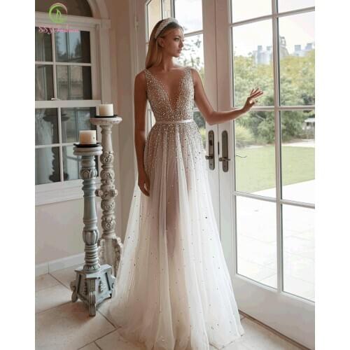 SSYFashion Luxury Evening Dress High-end Crystal Sequins Beading Backless Transparent A-line Long Formal Gown Vestidos De Noite