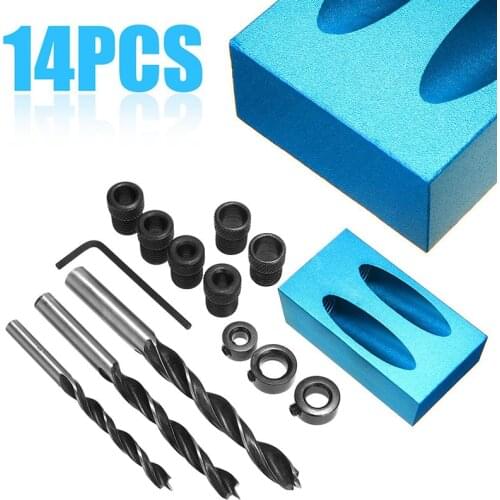 14Pcs Pocket Hole Jig Kit 6/8/10mm Angle Drill Guide Woodwoorking Tool Hole Puncher Locator Jig Drill Bit Carpentry Joint Tools
