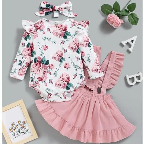 Toddler Baby Girls Casual 3pcs Clothes Set Children Autumn Long Sleeve Romper Suspender Skirt and Headdress Infant Outfits