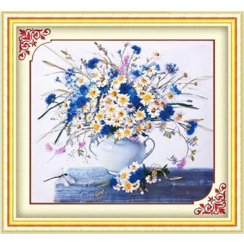 3D Daisy vase Ribbon embroidery kit stain animal bird picture set handcraft material DIY handmade needlework art home decor