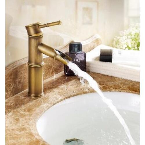 Antique brass wash basin faucet hot and cold, 2 section of bamboo single hole water tap vintage,Bathroom sink basin faucet mixer