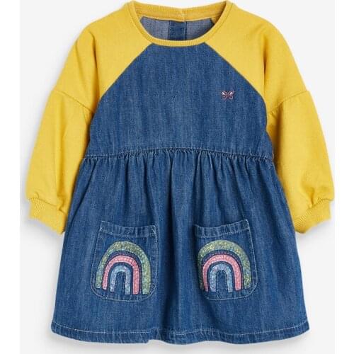 Little maven Autumn Winter Denim Skirt Long Sleeve Girls Clothe Embroidered Rainbow Pocket Round Neck Casual Dresses 2-7years
