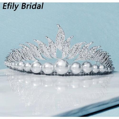 Efily Bridal Wedding Crown Pearl Tiaras and Crowns for Women Hair Accessories Party Rhinestone Hair Jewelry Bride Headpiece Gift