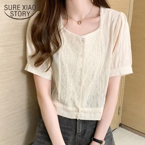 Summer New Solid Cardigan Shirts for Women 2020 Office Lady White Tops Square Collar Cotton Lace Women Blouse Blusas Mujer 9777