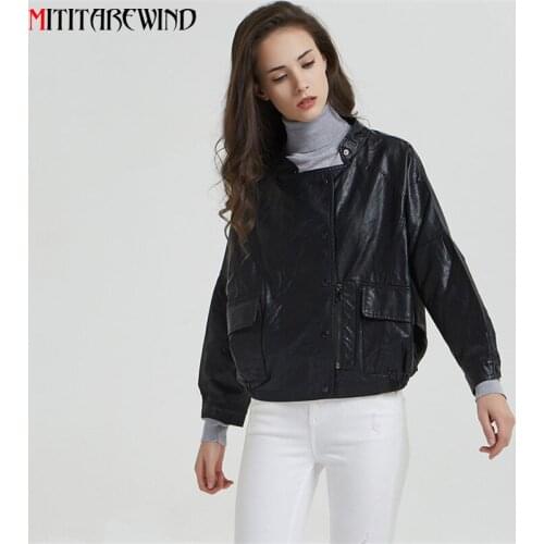 Spring Autumn New Leather Jacket Women Short Korean BF Big Pocket Small Stand-up Collar Motorcycle PU Leather Jacket Coat Women