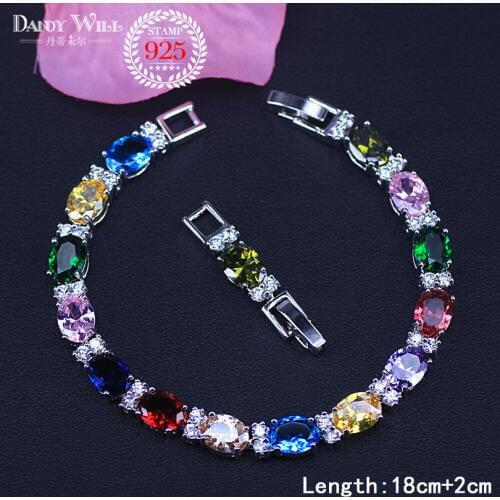 Summer Colorful Silver Color Jewelry White Zirconia Women Trendy Bracelets With Rose Red Blue Green Stone BR77