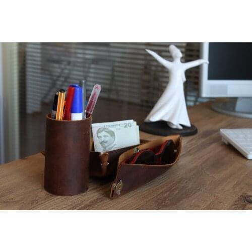 Handmade Multifunctional Real Crazy Horse Leather Office Desk Organizer Desktop Pen Holder