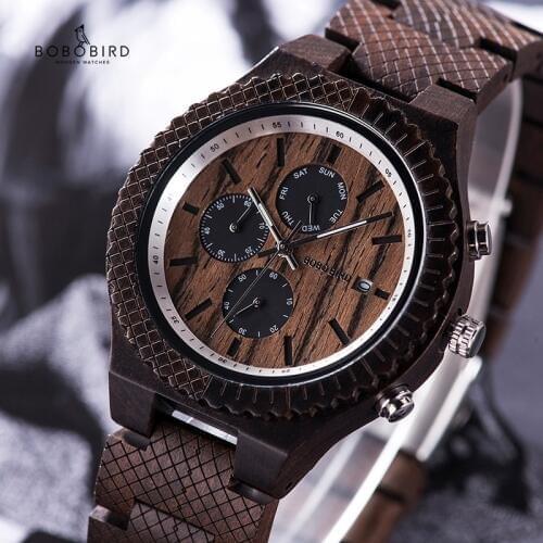 Часы мужские BOBOBIRD Rosewood Wood Watch Men relogio masculino Quartz Male StopWatches Show Date Christmas Valentines Day gift