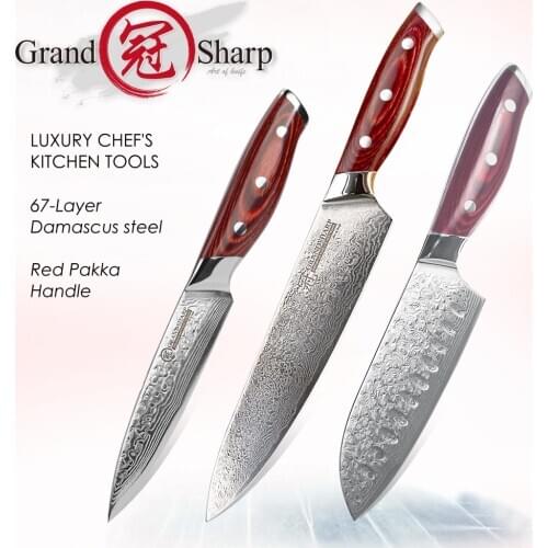 3-Piece Chef Knife Set Japanese Kitchen Knives Santoku Utility Cooking Butcher Tools 67 Layers Damascus Steel Red Wood Handle