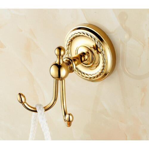 Wall Mounted Luxury Polished Gold Color Brass Bathroom Towel Coat Hooks Dual Robe Hook Hanger Bathroom Accessory mba606