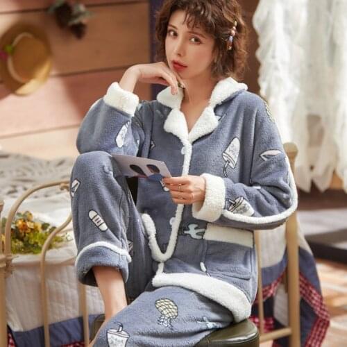 Winter New Flannel Pajamas Suit Women Plus Velvet Thickening Cute Printed Coral Velvet Large Size Long-Sleeved Home Service