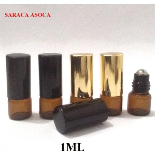 Whoelsael 1ml Mini Brown Color Ball Glass Bottles 100pcs/lot Steel Ball Essential Oil Glass Refillable Bottles Black Cap