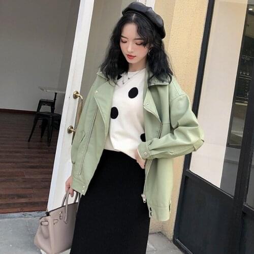 Autumn Faux Soft Leather Pu Jacket Women Loose Punk Coat Female Turndown Collar Moto Biker Rivet Zipper Street Overcoat