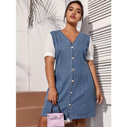 Sundress Vintage Short Puff Sleeve Buttons Denim Dress Women Sexy Square Collar Fashion Casual Party Vestidos Female