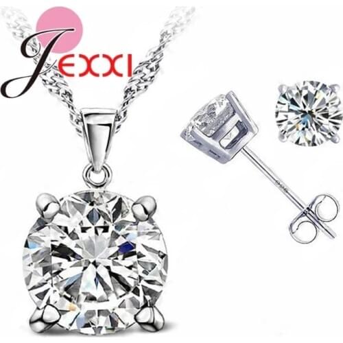 Modern Fine Jewelry 4 Claws Cubic Zirconia Good Quality 925 Sterling Silver Jewelry Sets Stud Earring Pendant Necklace