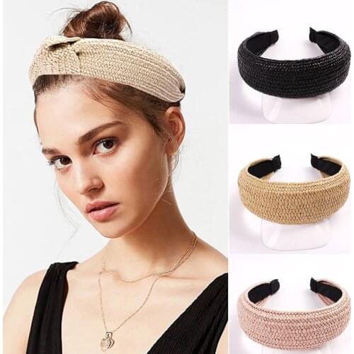 Top Knotted Bezel Wide Handmade Straw Weave Headband For Women Girls Hair Bands Turban Hair Hoop Bezel Female Hair Accessories