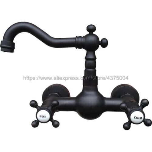 Bathroom Basin Swivel Spout Faucet Oil Rubbed Bronze Wall Mounted Dual Cross Handles Vessel Sink Mixer Tap Nnf524
