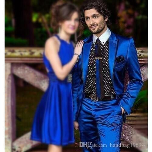 High Quality 1 Button Royal Blue Satin Groom Tuxedos Groomsmen Peak Lapel Best Man Blazer Mens Wedding Suits (Jacket+Pants+Tie)