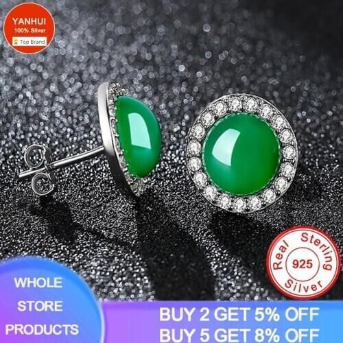 YANHUI Original 925 Sliver Emerald Jade Jewelry Earrings Natural Green Agate Chalcedony Gemstone Zirconia Diamond Stud Earrings