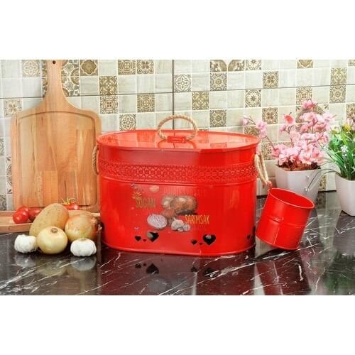 Yildiray Metal Potato Onion Garlic Bucket Compartment Oval Red