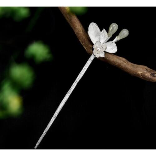 Leaf Flower 925 Sterling Silver Hair Stick Jade Pearl Hanfu Accessories For Women Chinese Hairpin Vintage Jewelry
