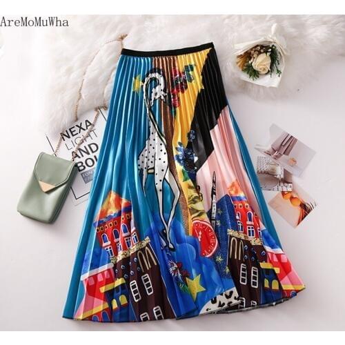 AreMoMuWha2019 Summer New Cartoon Animal Pattern High Waist Pleated Skirt Female Long Section Large Swing A Word Long Skirtmh386