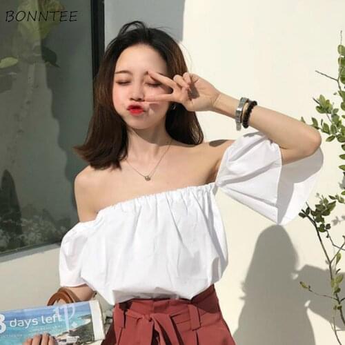 T-shirts Womens Summer Slash Neck Off Shoulder Solid Sexy Chic Loose All-match Crop Tops Elastic Girlish Fairy Loose White New