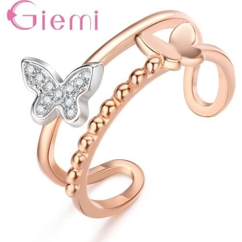 Special Design Rose Gold Opening Finger Rings 2 Butterfly Embellishment For Ladies Women Best Cubic Zirconia Crystal Gift