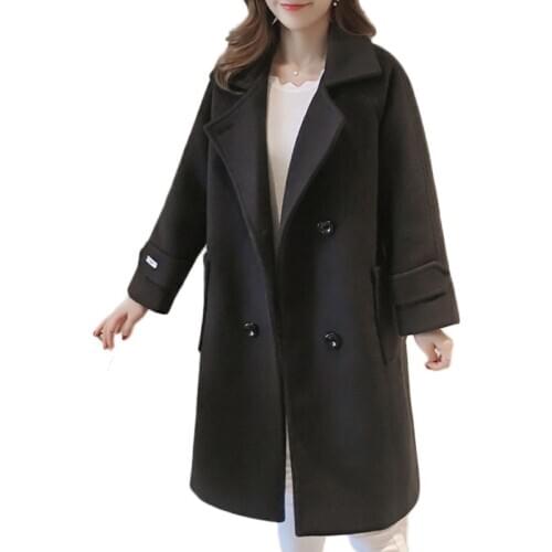 2020 New Wool Coat Long Solid Button Pockets V-Neck Double Breasted Loose Womens Plus Size Fashions Women Coats Autumn Winter