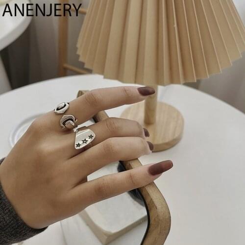 ANENJERY 925 Sterling Silver Star Geometric Rings For Women All-match Simple Open Ring Vintage Ornament
