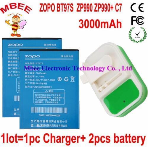 1LOT=1PC Desk Dock Charger +2PCS Original BT97S ZOPO C7 ZP990 ZP990+ Battery Batterie Bateria Batterij Accumulator AKKU PIL