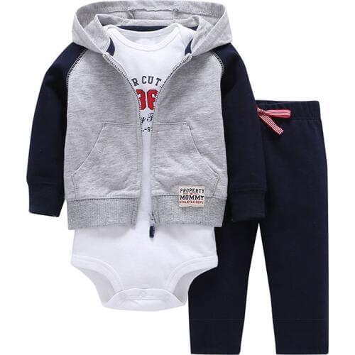 3pcs 2019 Spring Autumn Little Zipper Hoodie Jacket & Bodysuit or Vest & Pants Baby Clothing Set, Boy Girl Clothes Cardigan Set